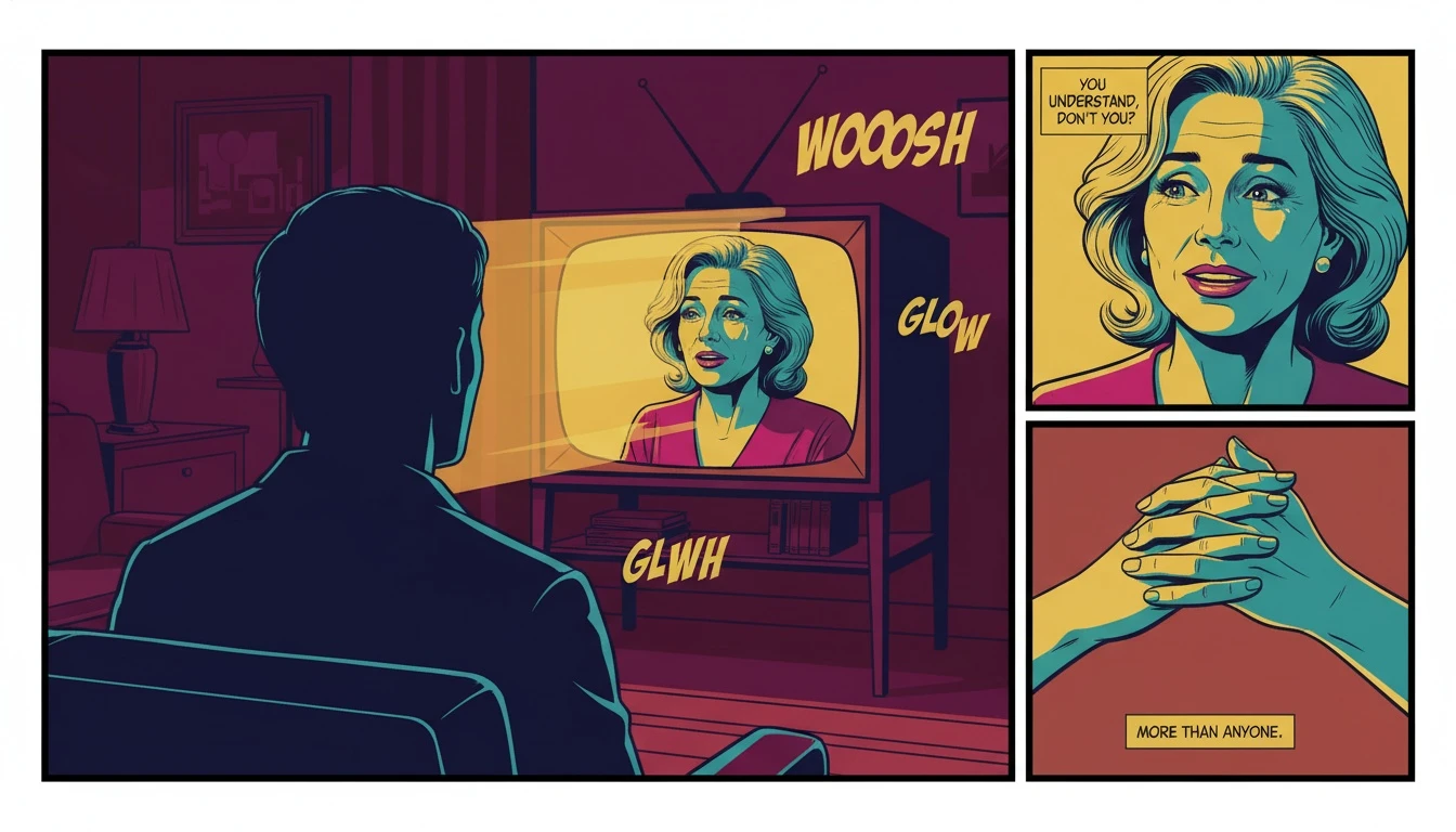 An illustration exploring the concept of parasocial relationships with celebrities psychology, showing a viewer in a dark room emotionally connecting with an actress on a glowing screen. filename: parasocial-relationships-with-celebrities-psychology-bestie-ai.webp