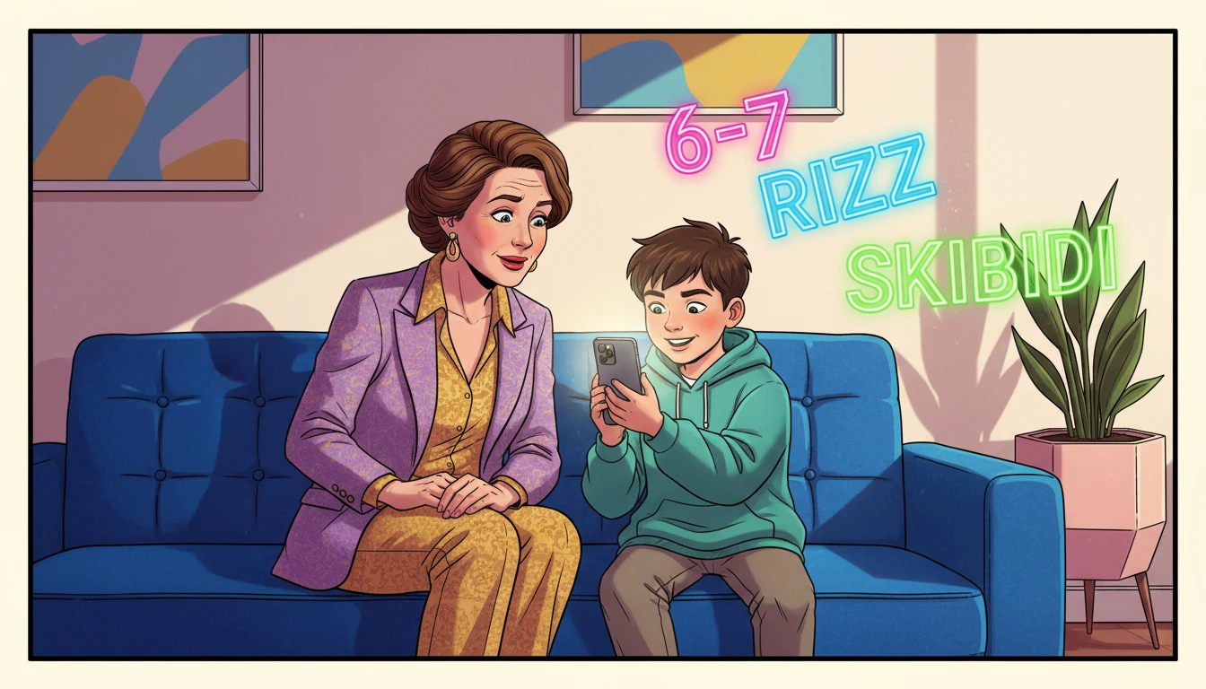 A parent guide to Gen Alpha slang 2025 visual representation showing a mother and child decoding digital lingo-bestie-ai.webp