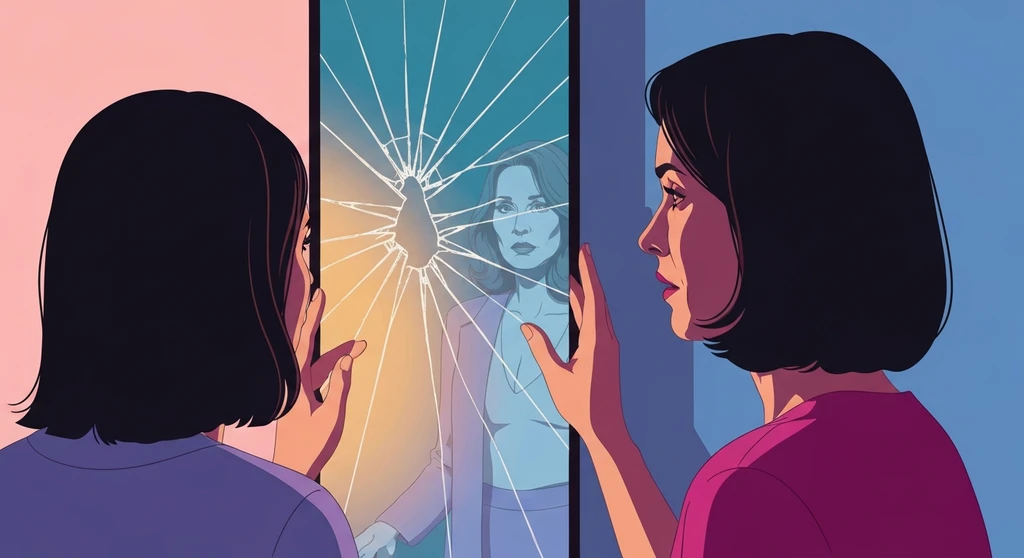 A symbolic image exploring what to do when your partner compares you to their ex, showing a woman confronting a fractured reflection that includes a ghost of the past. File name: partner-compares-me-to-ex-what-to-do-bestie-ai.webp