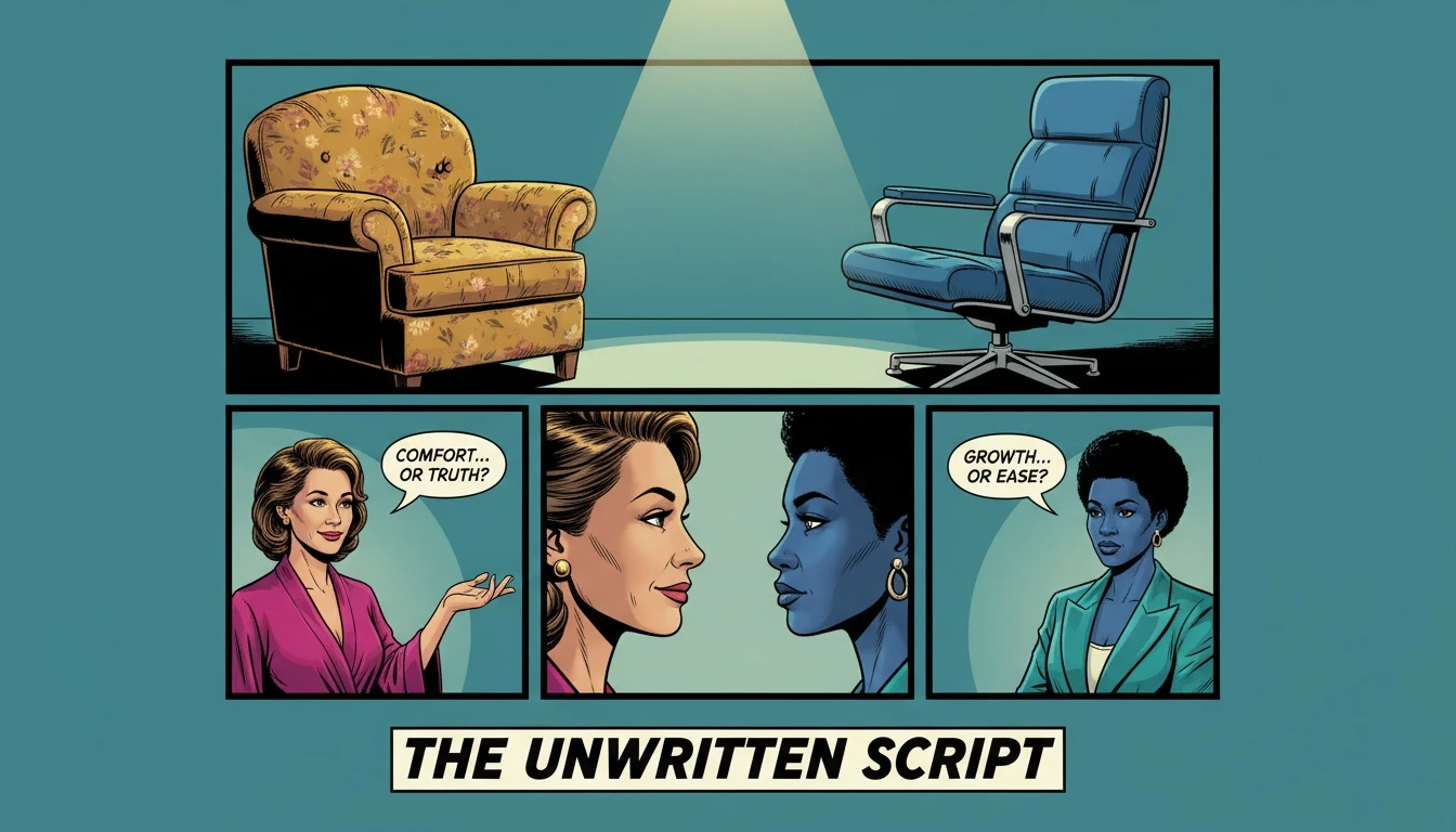 A thoughtful image illustrating the choice of peer support vs therapy, with two different chairs representing a casual listening space and a professional clinical setting. filename: peer-support-vs-therapy-bestie-ai.webp