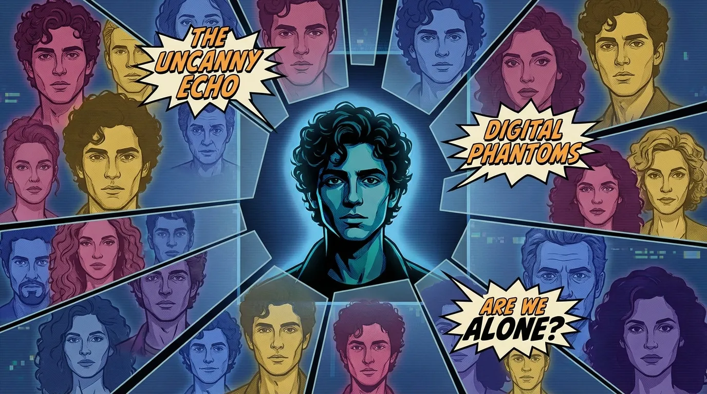 A conceptual image exploring why so many people who look like Finn Wolfhard appear online, illustrating the doppelgänger effect and the psychology of facial recognition. filename: people-who-look-like-finn-wolfhard-bestie-ai.webp