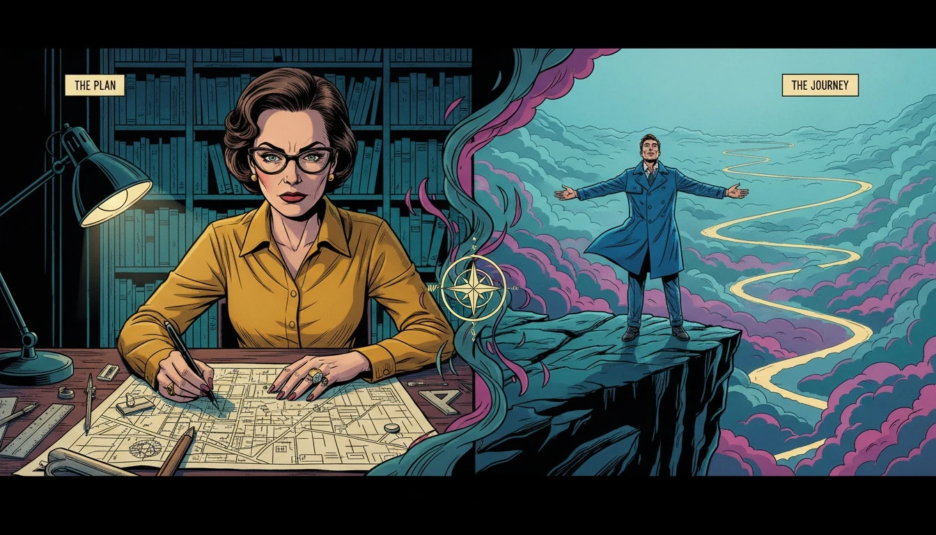 A symbolic image illustrating perceiving vs judging cognitive functions, showing a planner's map contrasted with an explorer's vast landscape. Filename: perceiving-vs-judging-cognitive-functions-bestie-ai.webp