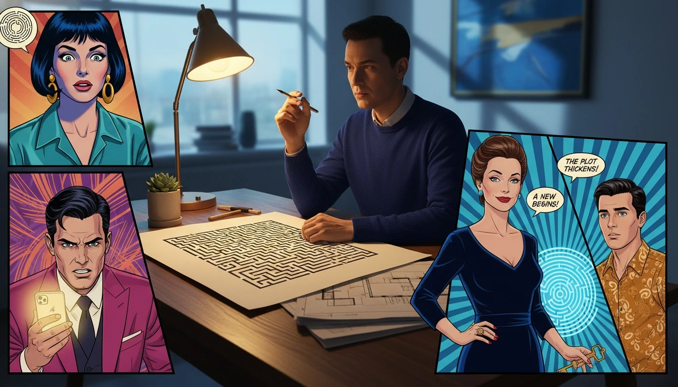 A person strategizing how to approach a personality test for a job application, symbolized by a paper labyrinth on their desk. Filename: personality-test-for-job-application-bestie-ai.webp