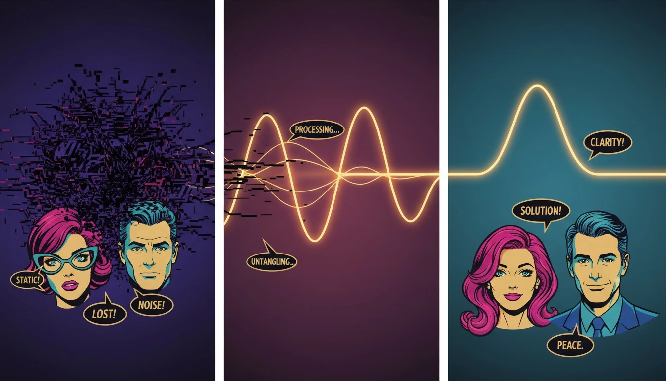 An artistic image for a troubleshooting guide showing how to fix when pi.ai is not working, with a tangled digital line becoming smooth and clear. Filename: pi-ai-not-working-guide-bestie-ai.webp