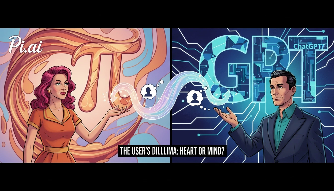 A visual representation of the pi ai vs chatgpt comparison, showing a warm, organic shape for Pi and a cool, geometric structure for ChatGPT, symbolizing the choice between empathy and utility. Filename: pi-ai-vs-chatgpt-comparison-bestie-ai.webp