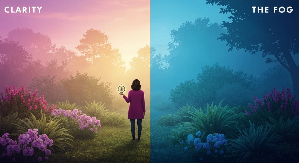 A woman navigating through symbolic fog and light, representing the management of pms symptoms and mental clarity. pms-symptoms-bestie-ai.webp