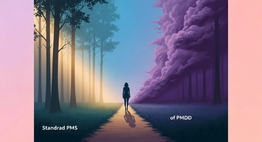 pms-vs-pmdd-symptoms-bestie-ai.webp. ALT: A woman reflecting on the difference between pms vs pmdd symptoms at a symbolic crossroads.