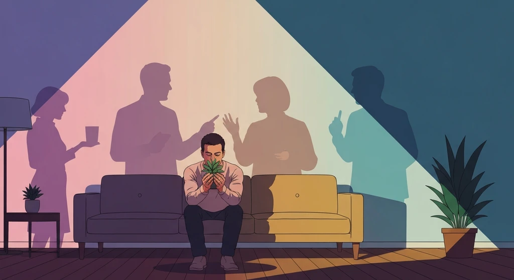 political-news-anxiety-management-bestie-ai.webp. A person practicing political news anxiety management by grounding themselves with a houseplant while shadowy news broadcasts play in the background.