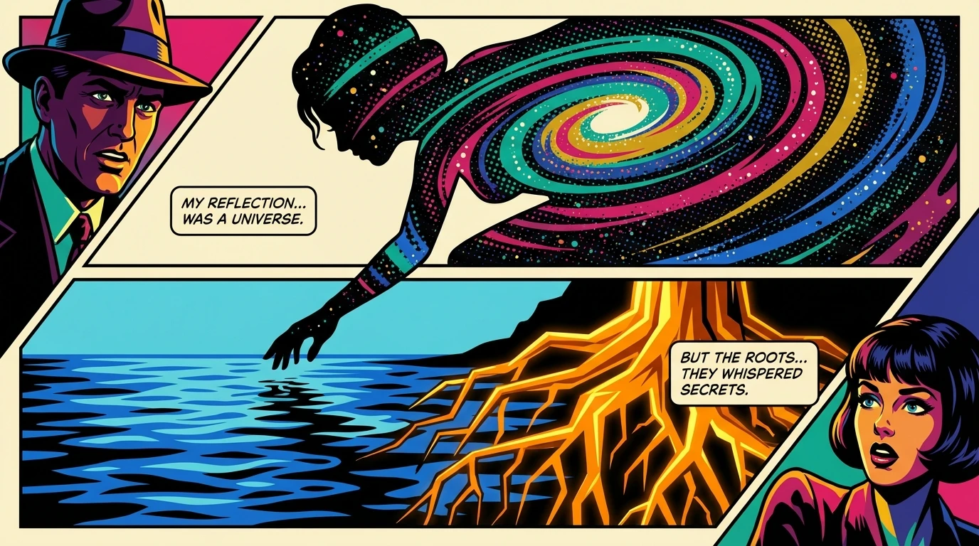 A symbolic image representing how pre-reflective self-consciousness explained through philosophy connects our thinking mind (the galaxy silhouette) to our deeper, intuitive roots (glowing tree roots under water). Filename: pre-reflective-self-consciousness-explained-bestie-ai.webp