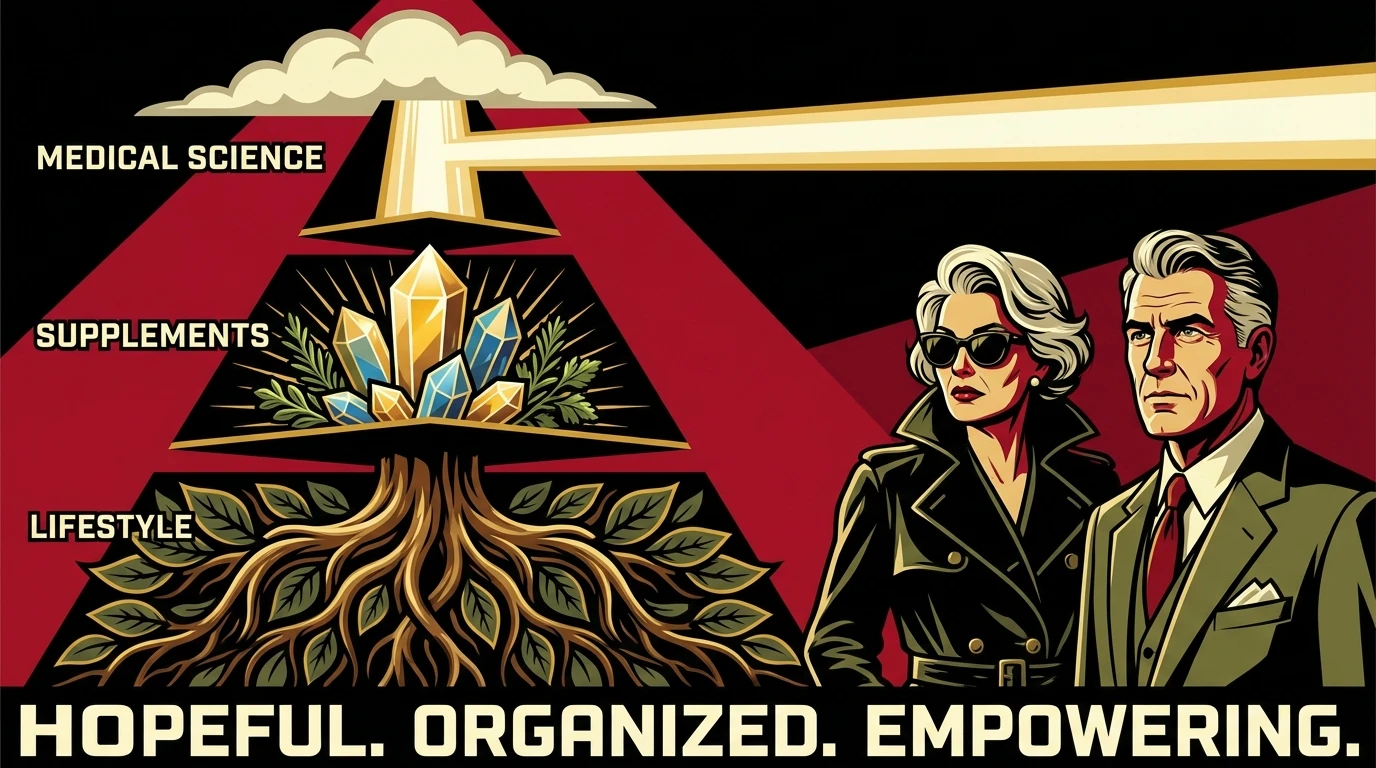 An empowering visual premenstrual syndrome treatment guide depicted as a glowing pyramid of options, from natural roots to focused light, showing a path to relief. filename: premenstrual-syndrome-treatment-guide-bestie-ai.webp