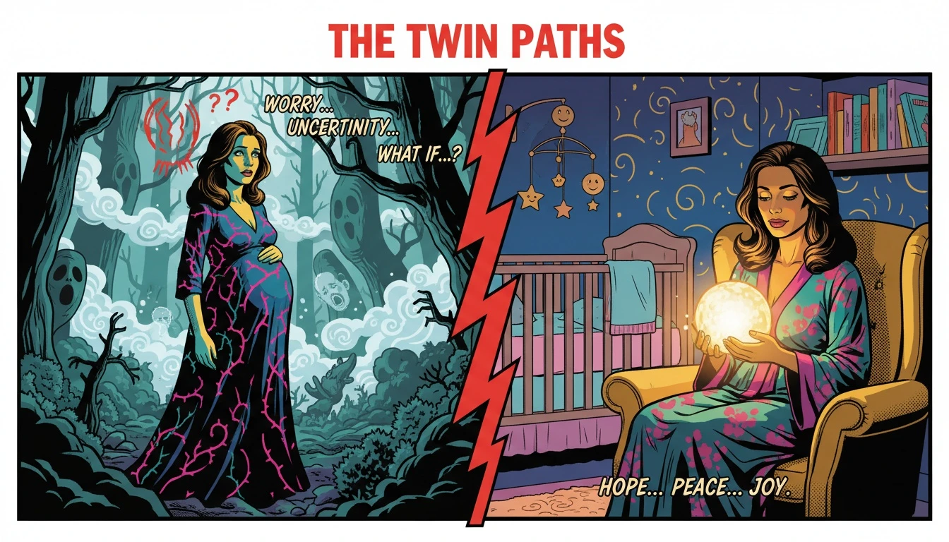 A symbolic representation of the transition through prenatal anxiety vs postpartum depression featuring a woman in a misty forest and a warm nursery. prenatal-anxiety-vs-postpartum-depression-bestie-ai.webp