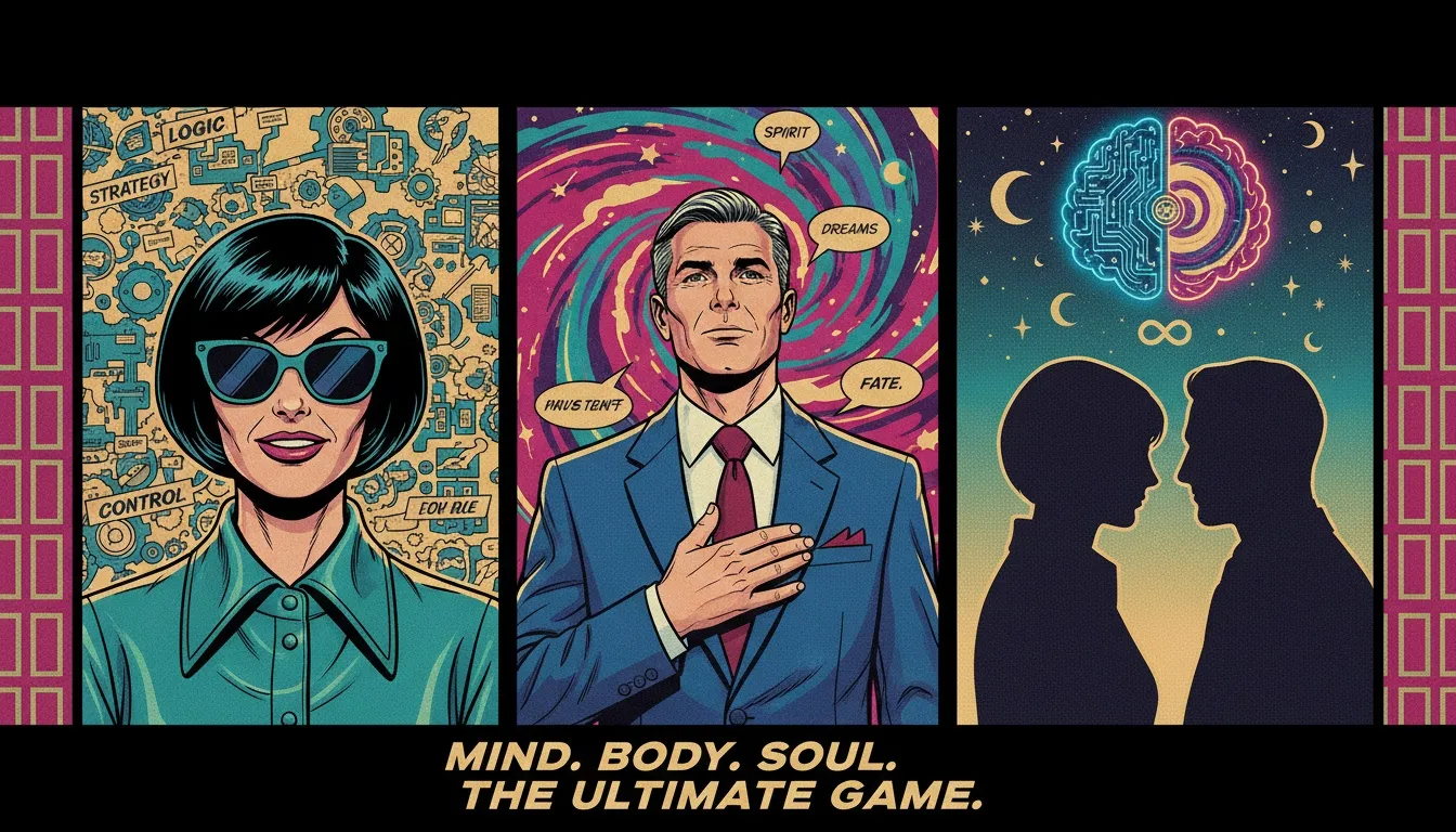 A symbolic image representing the debate of psychic intuition vs cognitive intuition, where a person's mind is split between logical brain patterns and a cosmic, spiritual nebula. Filename: psychic-intuition-vs-cognitive-intuition-bestie-ai.webp