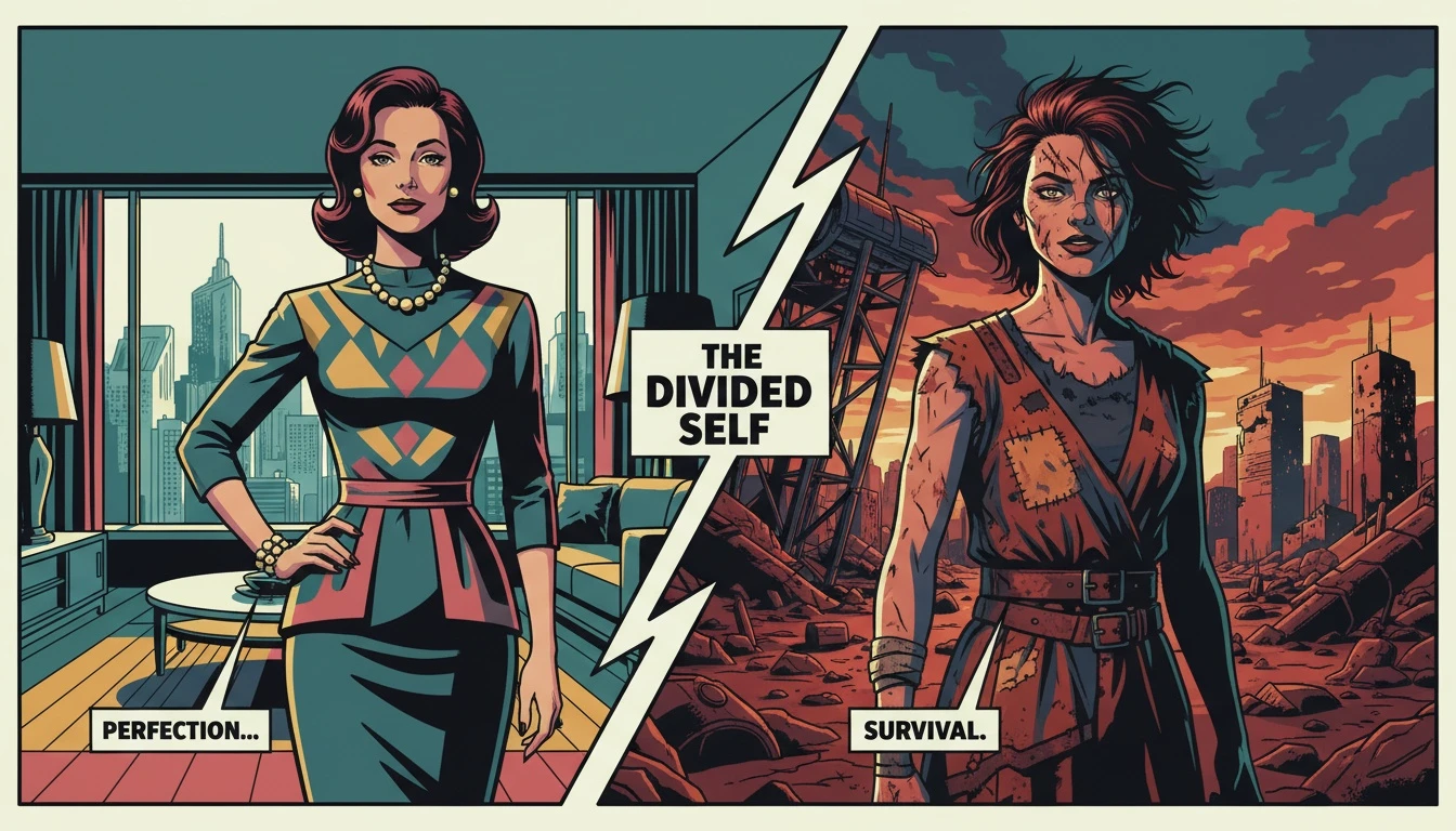 A dramatic split-screen image illustrating the psychological appeal of anti-heroes, with one side showing a polished self and the other a rugged, flawed survivor. Filename: psychological-appeal-of-anti-heroes-bestie-ai.webp