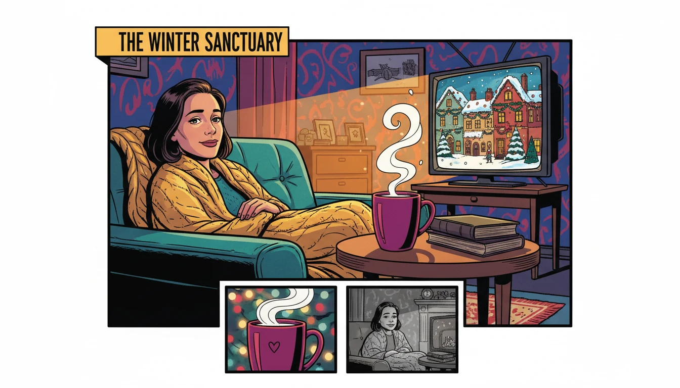 A person finding comfort in the psychological appeal of Christmas rom coms, curled up on a sofa with a warm drink. filename: psychological-appeal-of-christmas-rom-coms-bestie-ai.webp