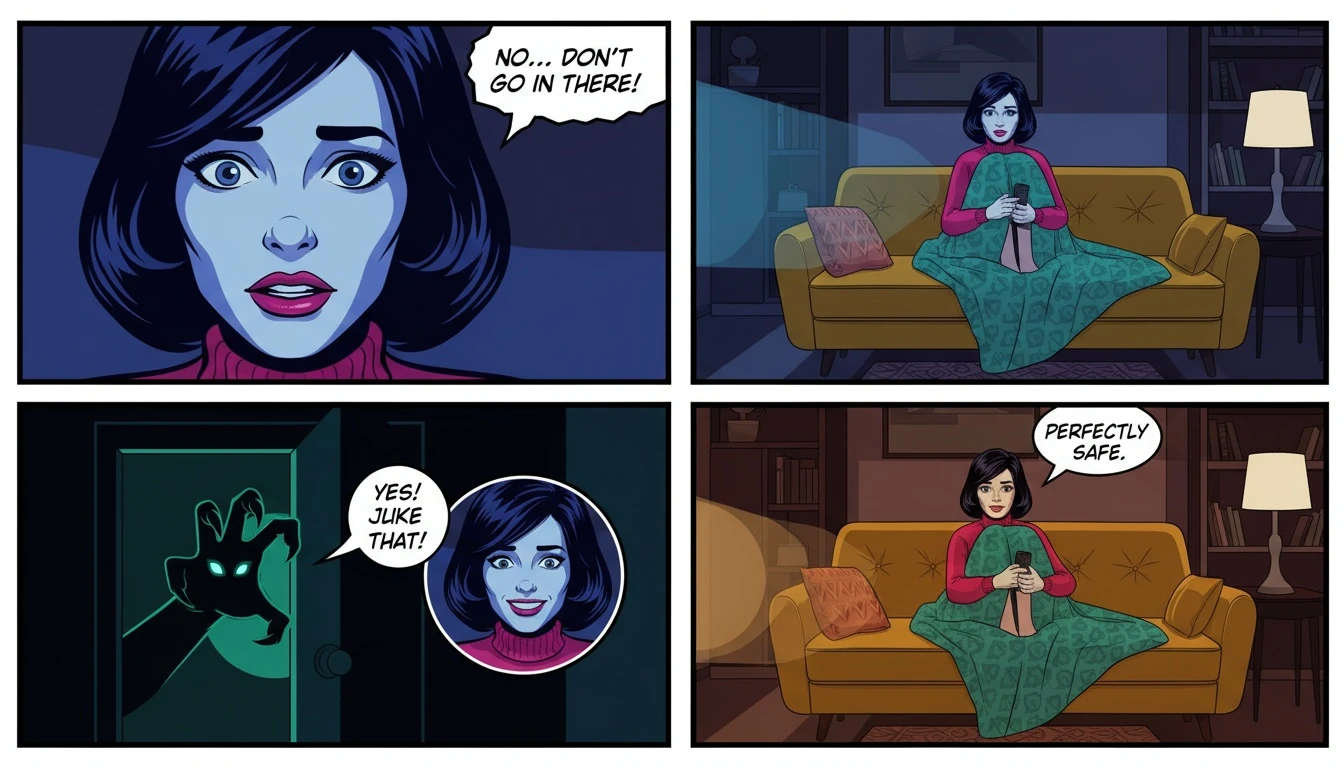 A person safely watching a scary movie on a couch, illustrating the psychological benefits of watching horror movies from a place of comfort. The filename will be psychological-benefits-of-watching-horror-movies-bestie-ai.webp