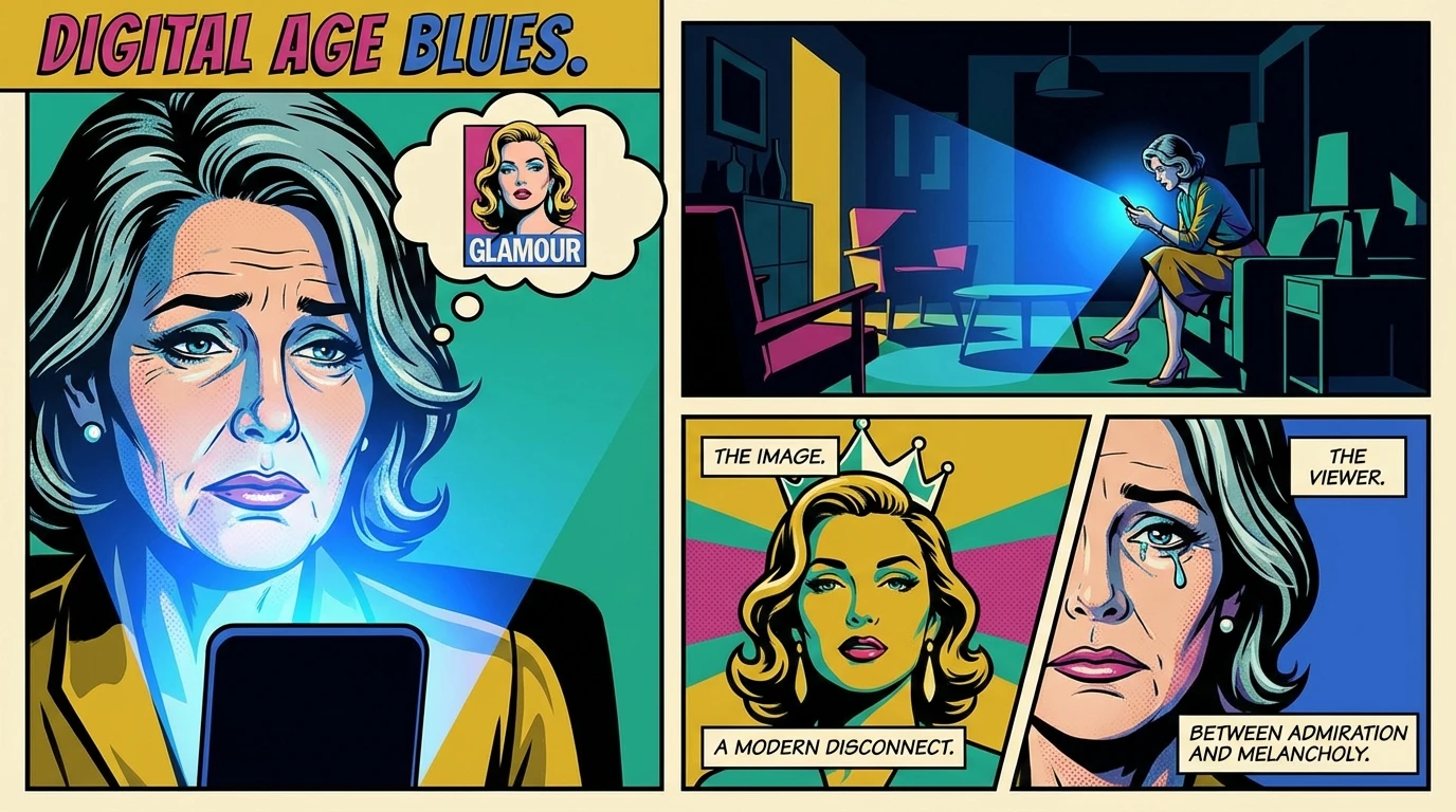 A woman looking at her phone, contemplating the psychological effects of celebrity body image and unrealistic beauty standards in a dimly lit room. psychological-effects-of-celebrity-body-image-bestie-ai.webp