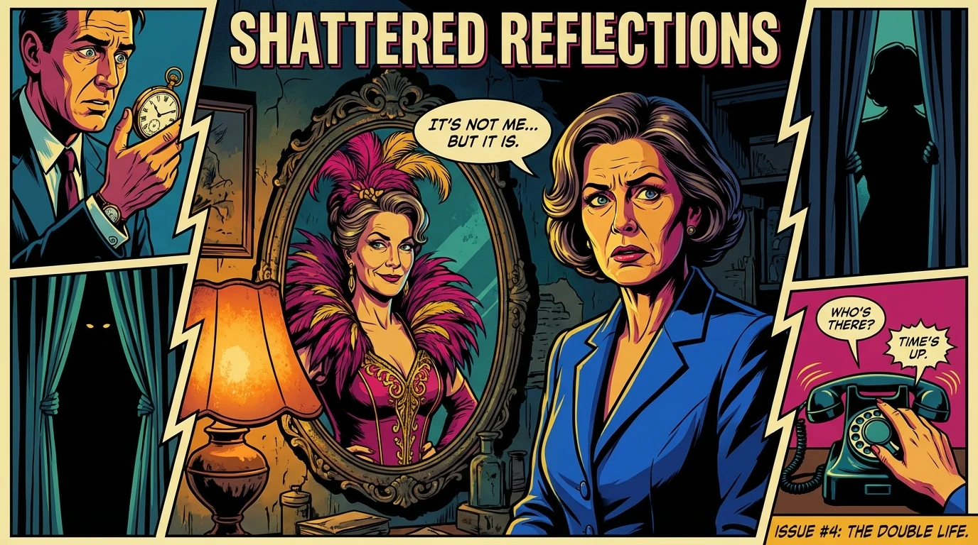 A person sees a different reflection in the mirror, illustrating the psychological effects of method acting and the blurring of one's true self. Filename: psychological-effects-of-method-acting-bestie-ai.webp