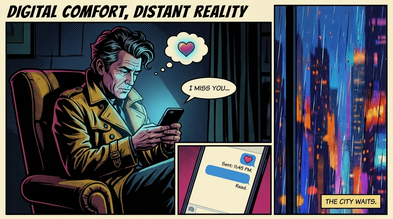 A thoughtful illustration showing the psychology of an ai bf, where a person is comforted by a glowing phone screen in a dark room, symbolizing digital connection and loneliness. Filename: psychology-ai-bf-bestie-ai.webp
