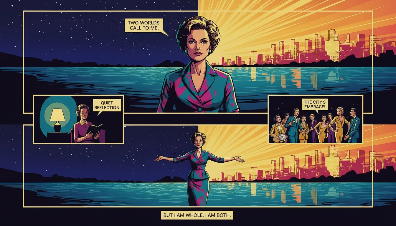 A person stands between a starry sky and a city skyline, illustrating the balance central to the psychology behind ambiverts. Filename: psychology-behind-ambiverts-bestie-ai.webp