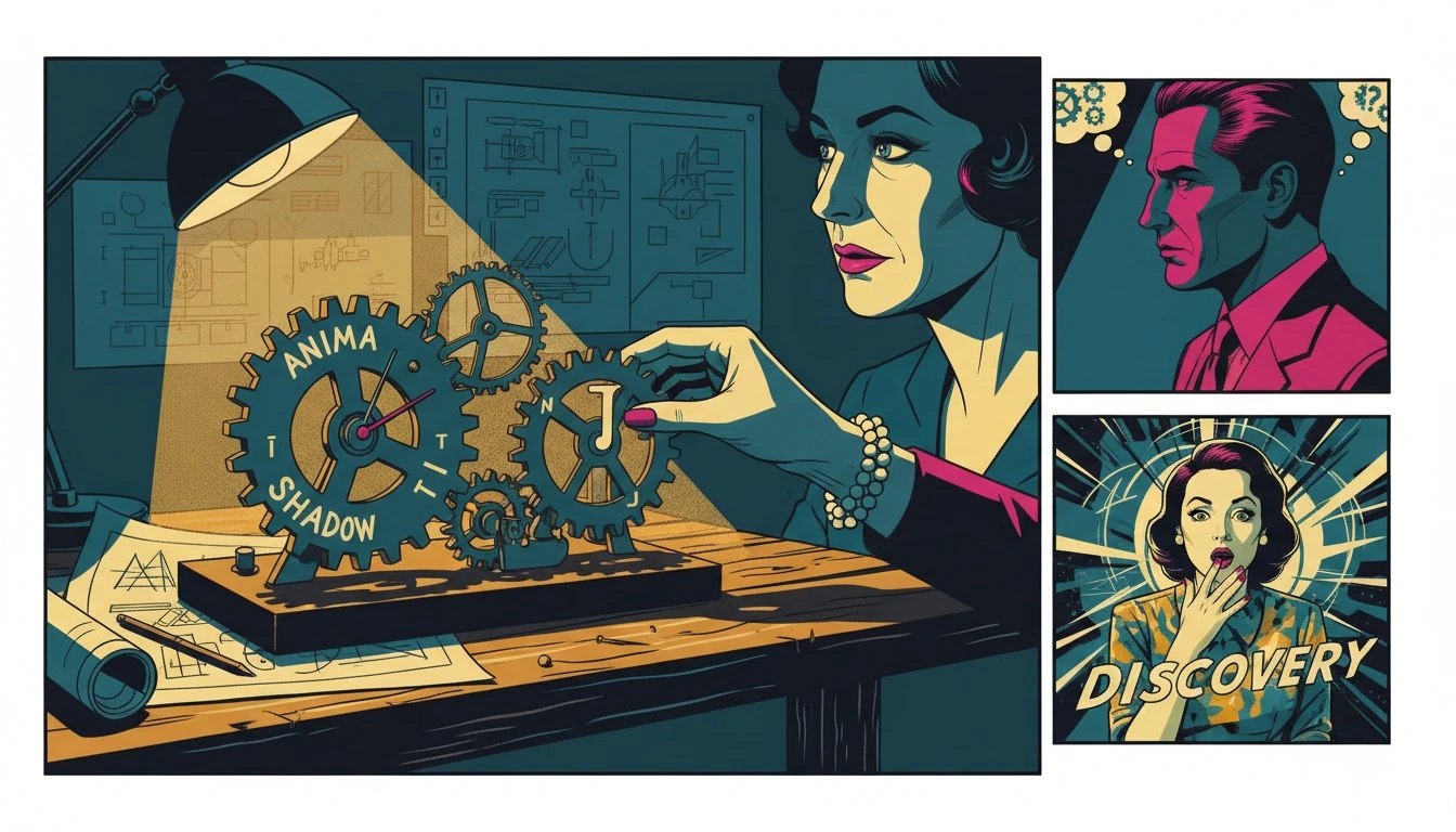 A person carefully examining the clockwork-like psychology behind MBTI, illustrating the tool's intricate parts and the process of self-discovery. filename: psychology-behind-mbti-bestie-ai.webp