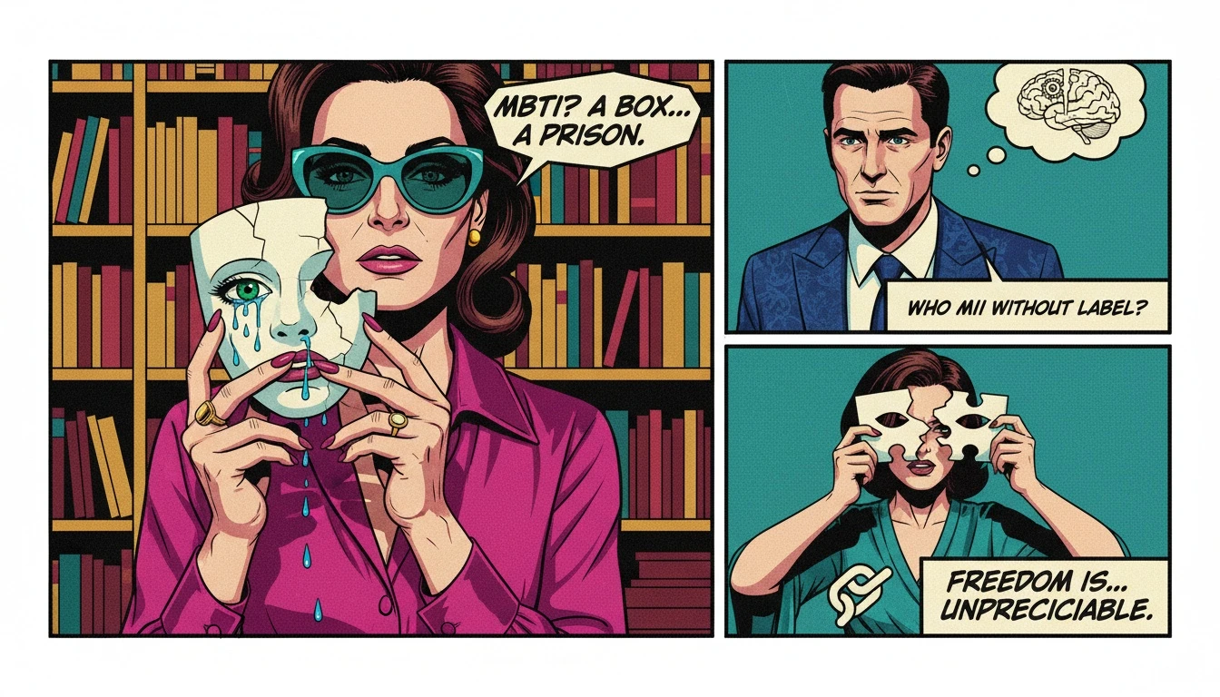 A person holding a cracked mask, symbolizing the complex psychology behind MBTI tests and the search for authentic self-understanding beyond simple labels. Filename: psychology-behind-mbti-test-bestie-ai.webp