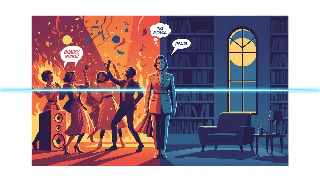 A person balancing between a lively party and a quiet library, illustrating the core concept of the psychology behind the ambivert and the introvert-extravert spectrum. filename: psychology-behind-the-ambivert-bestie-ai.webp