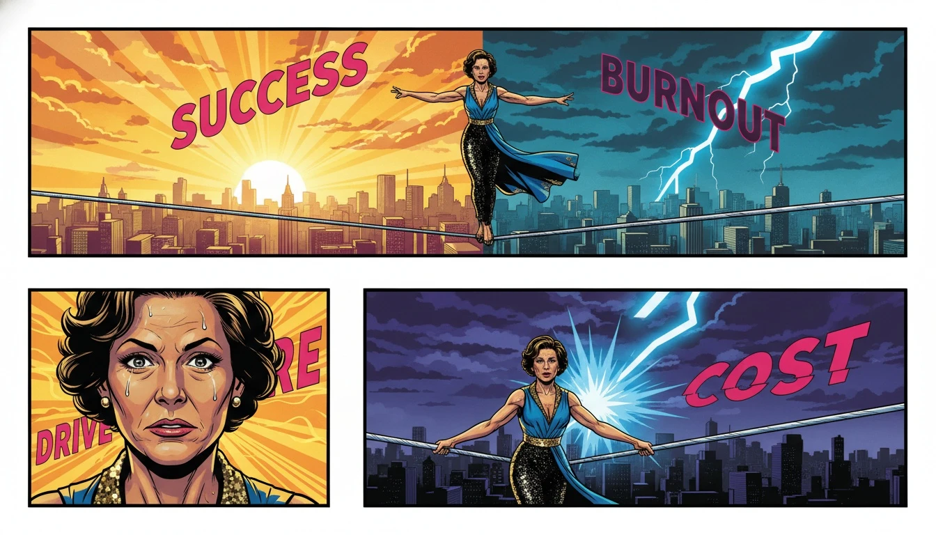 A tightrope walker symbolizing the delicate balance in the psychology of a high achiever mindset, caught between the light of success and the storm of burnout. psychology-of-a-high-achiever-mindset-bestie-ai.webp