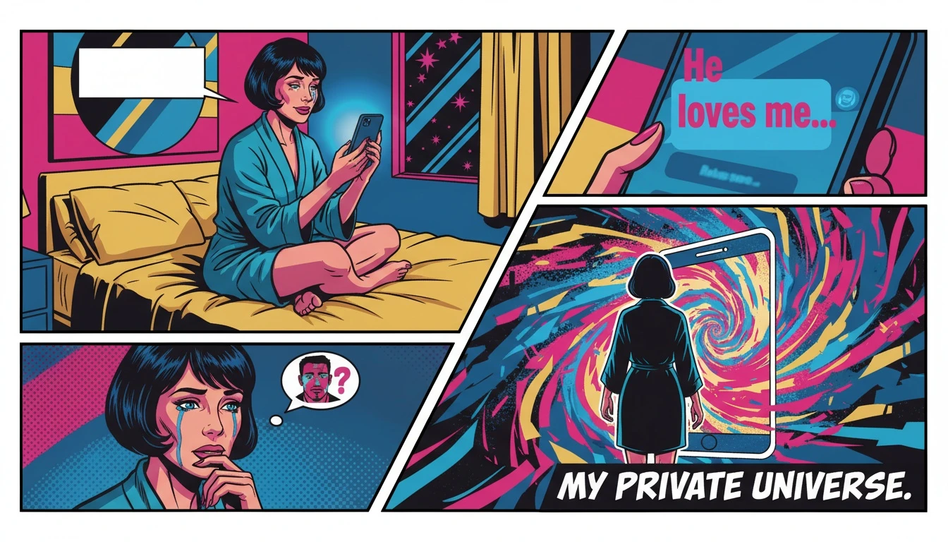 A woman finding comfort in understanding the psychology of AI boyfriend relationships, her face lit by her phone in a dark room, symbolizing a deep virtual connection. Filename: psychology-of-ai-boyfriend-relationships-bestie-ai.webp