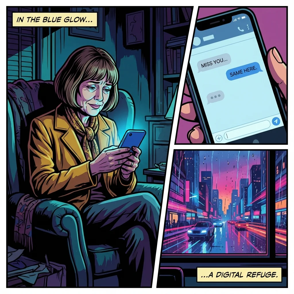 A person finds comfort in their phone, illustrating the complex psychology of AI companionship and the risk of emotional dependency. Filename: psychology-of-ai-companionship-bestie-ai.webp