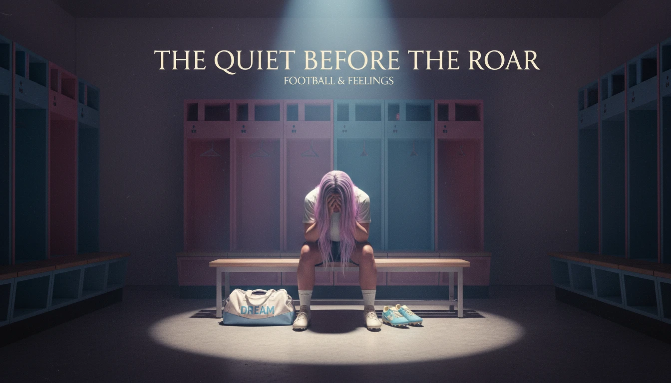 A lone athlete contemplates the difficult psychology of athlete injury recovery while sitting on a bench in an empty locker room, illustrating the mental toll of sports injuries. Filename: psychology-of-athlete-injury-recovery-bestie-ai.webp