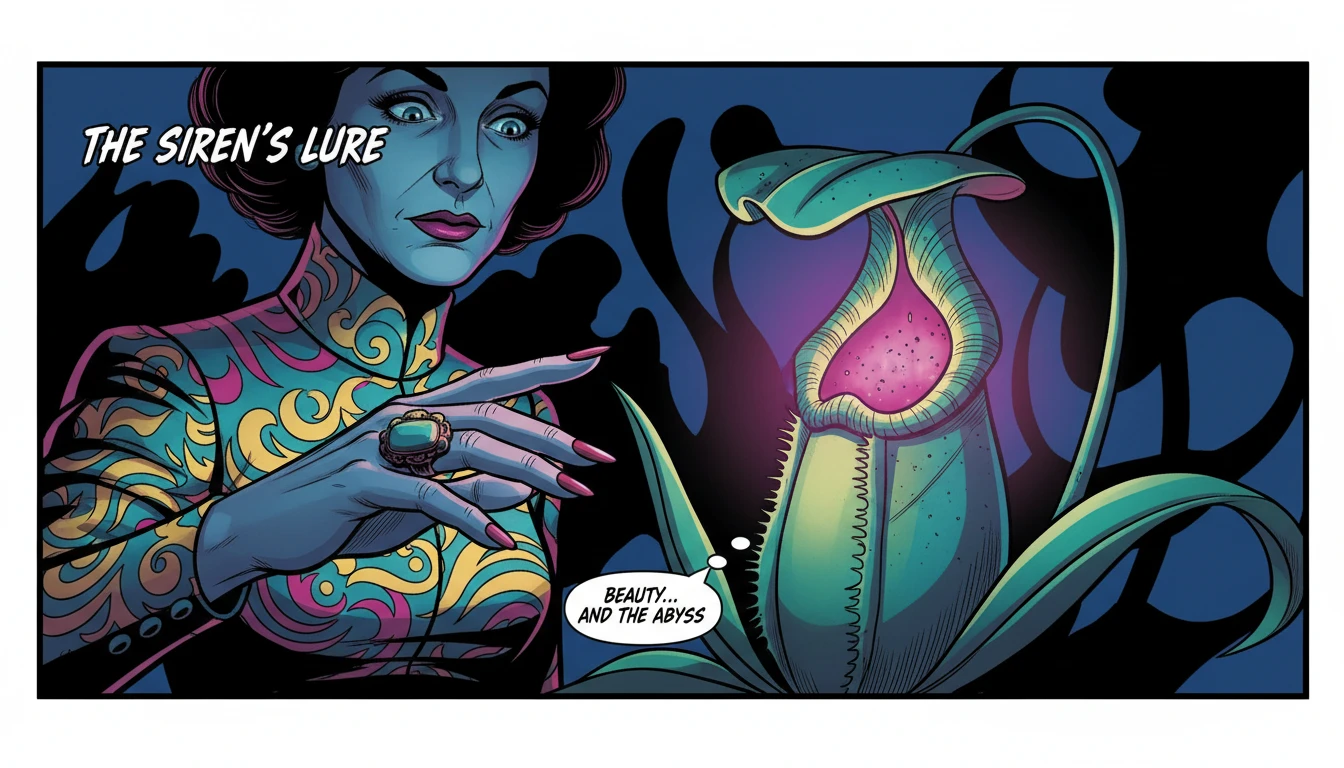 A symbolic image exploring the psychology of attracting narcissists, showing a hand drawn towards a beautiful but dangerous glowing plant. Filename: psychology-of-attracting-narcissists-bestie-ai.webp