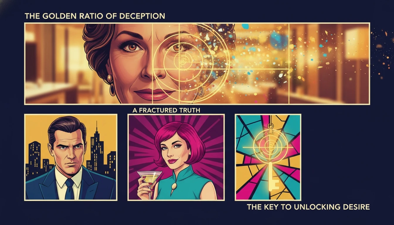A conceptual image illustrating the psychology of attraction Mila Kunis represents, with geometric facial symmetry lines overlaid on a warm, charismatic portrait. psychology-of-attraction-mila-kunis-bestie-ai.webp