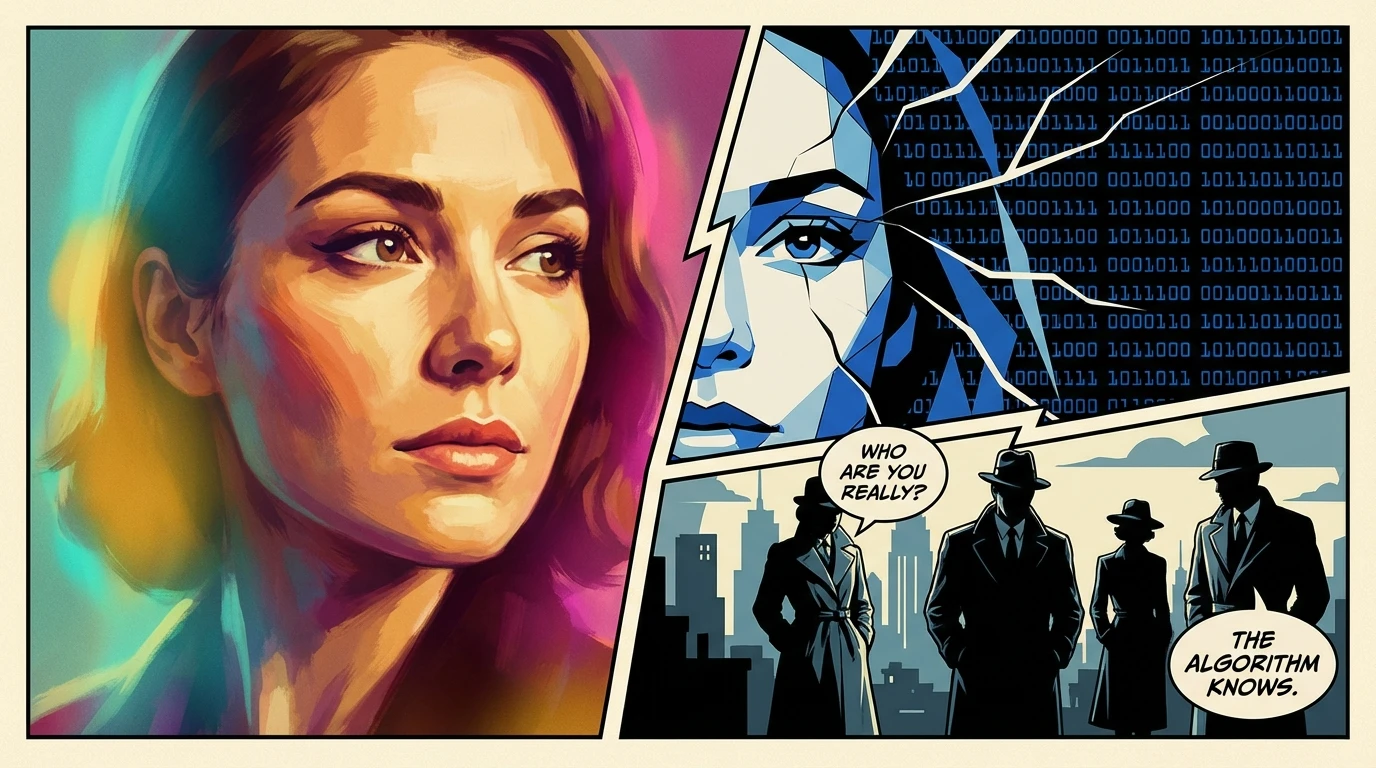 A symbolic image exploring the psychology of attraction to physical traits, showing a woman's face split between being genuinely seen and being objectified into stereotypes. Image for psychology-of-attraction-to-physical-traits-bestie-ai.webp