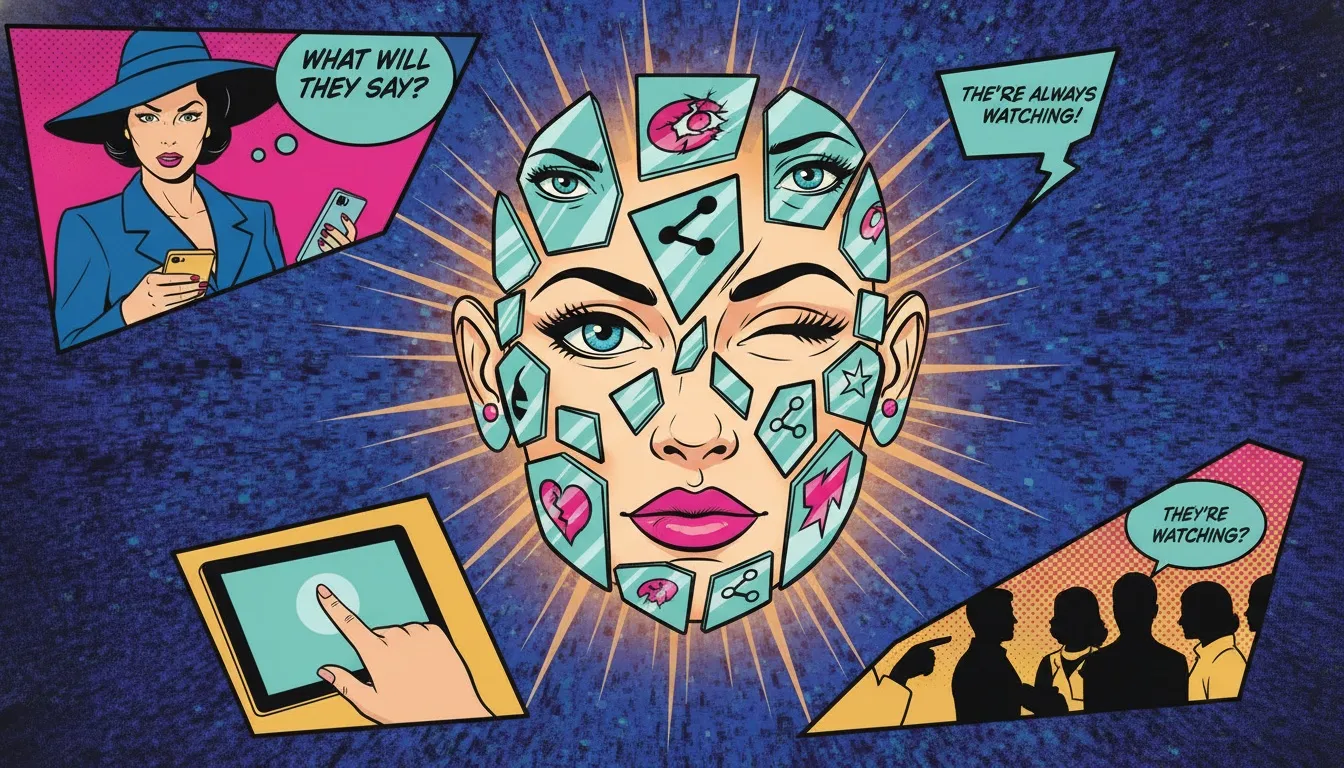 A symbolic image representing the psychology of celebrity body shaming, showing a woman's resilient face made of shattered mirror pieces reflecting critical eyes. Filename: psychology-of-celebrity-body-shaming-bestie-ai.webp