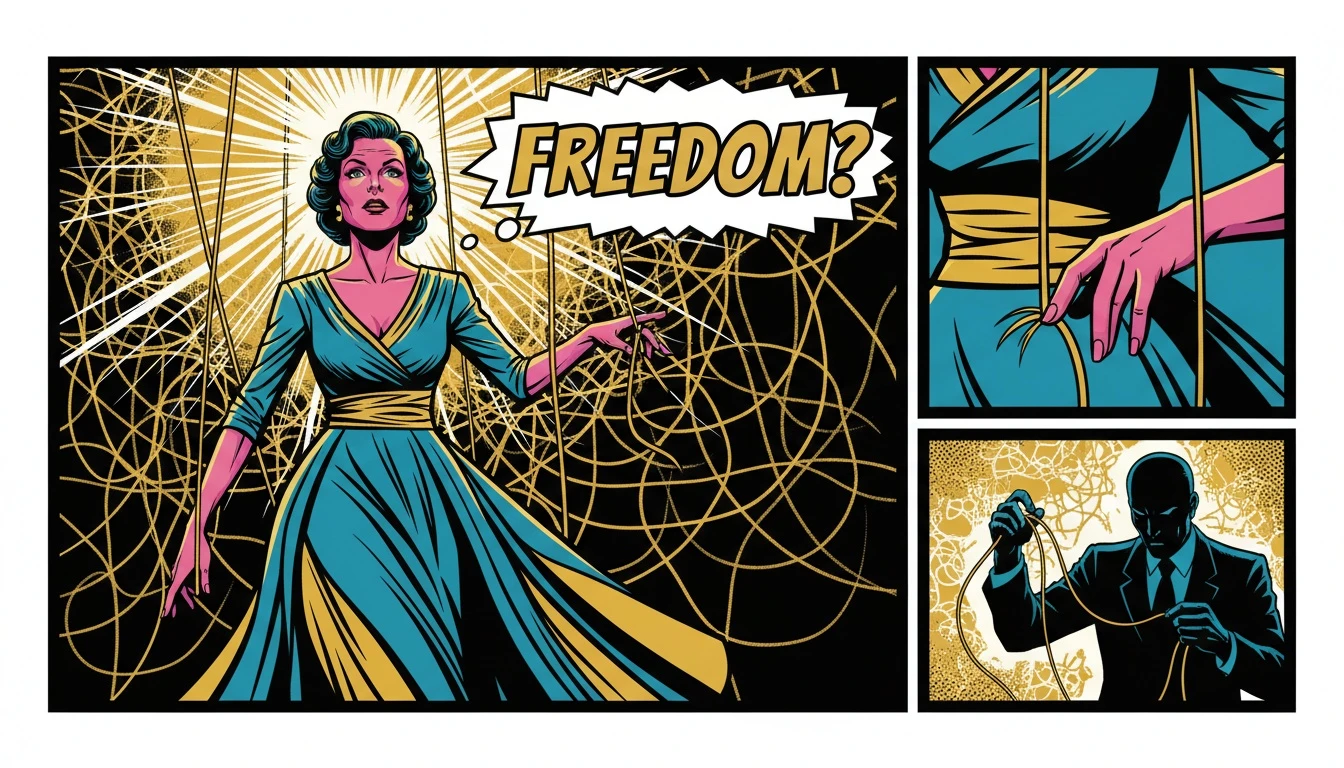 A conceptual image exploring the psychology of celebrity conspiracy theories, showing a marionette breaking free from tangled strings of power. Filename: psychology-of-celebrity-conspiracy-theories-bestie-ai.webp