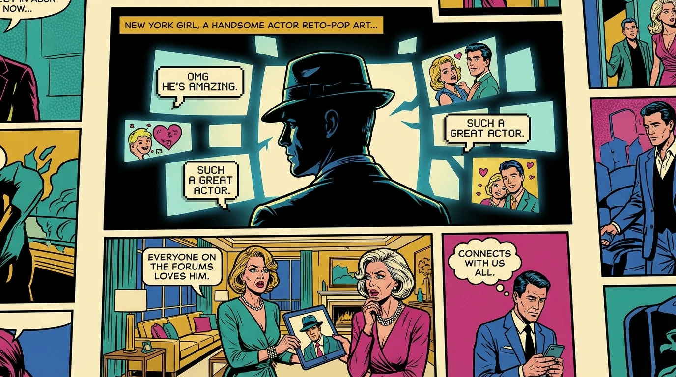 An artistic representation of the psychology of celebrity fandom, showing a central figure surrounded by glowing screens of fan community engagement. filename: psychology-of-celebrity-fandom-bestie-ai.webp