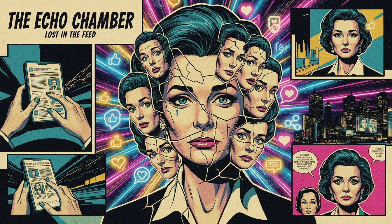 An artistic representation of the psychology of celebrity overexposure, showing a woman's face fragmented into many pieces against a noisy background of social media icons. Filename: psychology-of-celebrity-overexposure-bestie-ai.webp