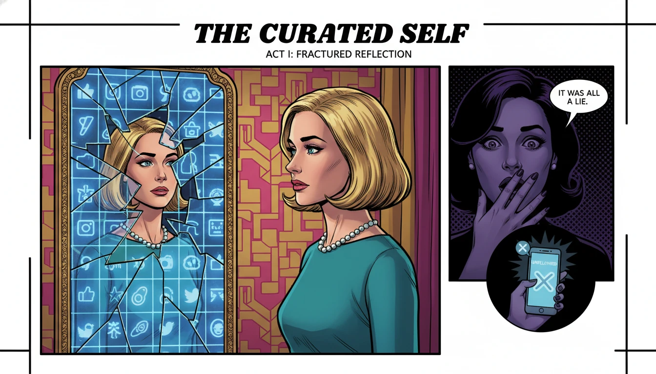 A symbolic image exploring the psychology of celebrity persona, showing a woman looking into a fractured mirror that reflects a social media feed instead of her face. psychology-of-celebrity-persona-bestie-ai.webp