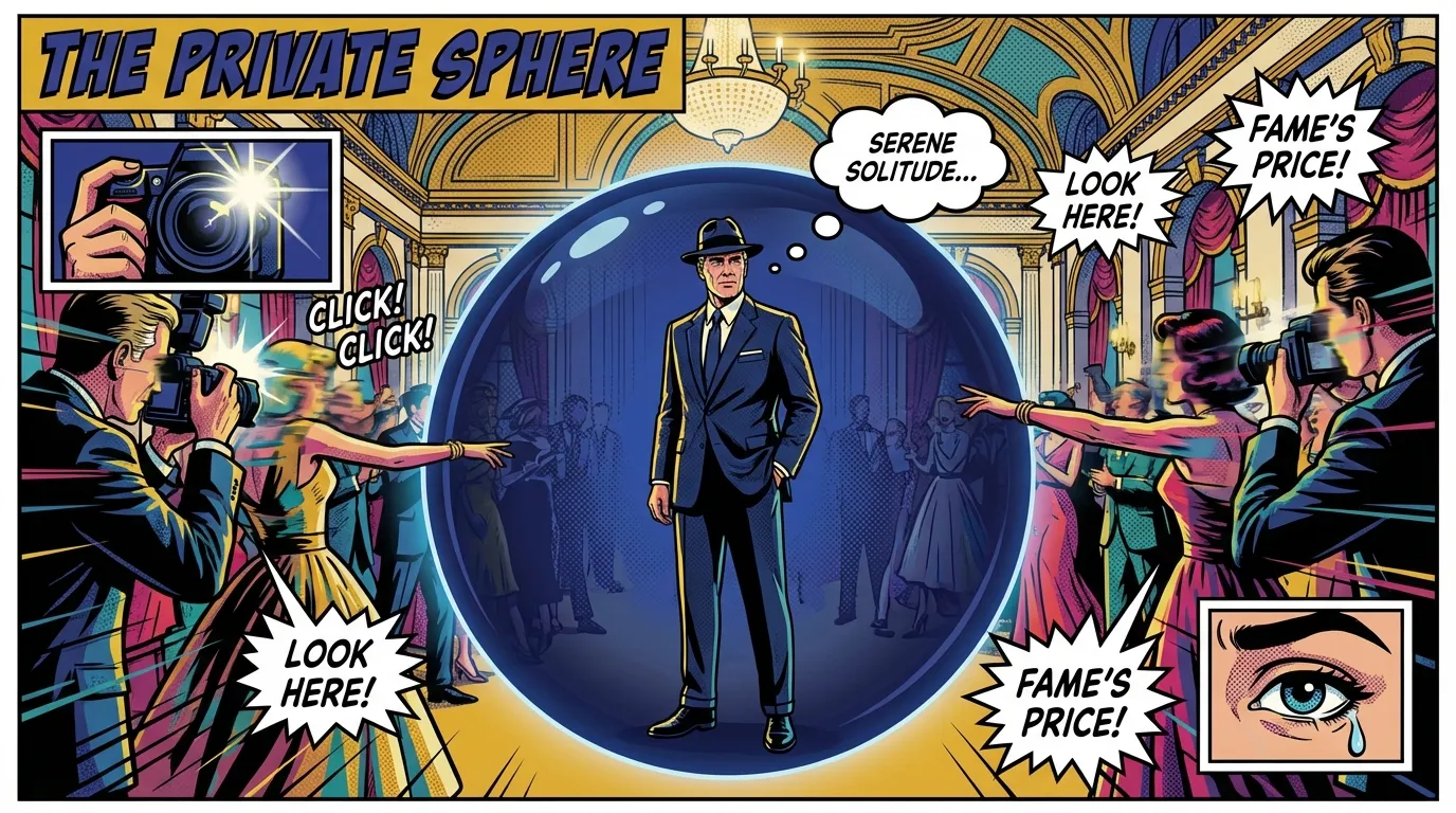 A symbolic image representing the psychology of celebrity privacy, showing an actor protected from public scrutiny inside a calm bubble. Filename: psychology-of-celebrity-privacy-bestie-ai.webp