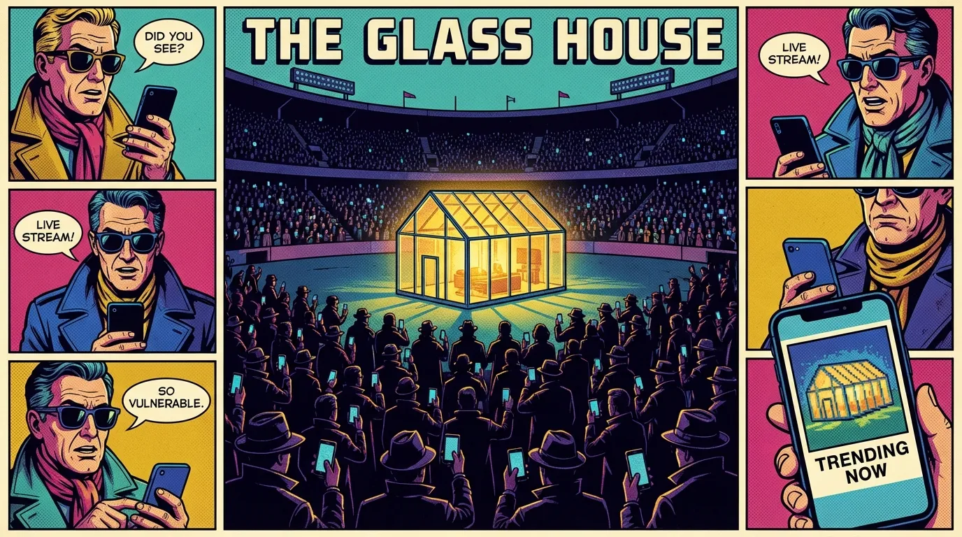 A glass house representing fragile privacy is surrounded by a crowd, illustrating the intense pressure and the psychology of celebrity privacy invasion. Filename: psychology-of-celebrity-privacy-invasion-bestie-ai.webp