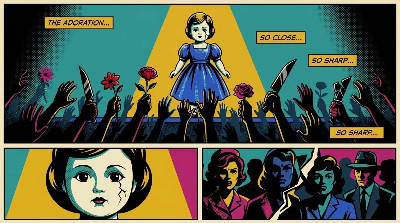 A porcelain doll on a stage under a spotlight, representing the fragile psychology of celebrity relatability where public figures face both adoration and judgment from an unseen audience. Filename: psychology-of-celebrity-relatability-bestie-ai.webp