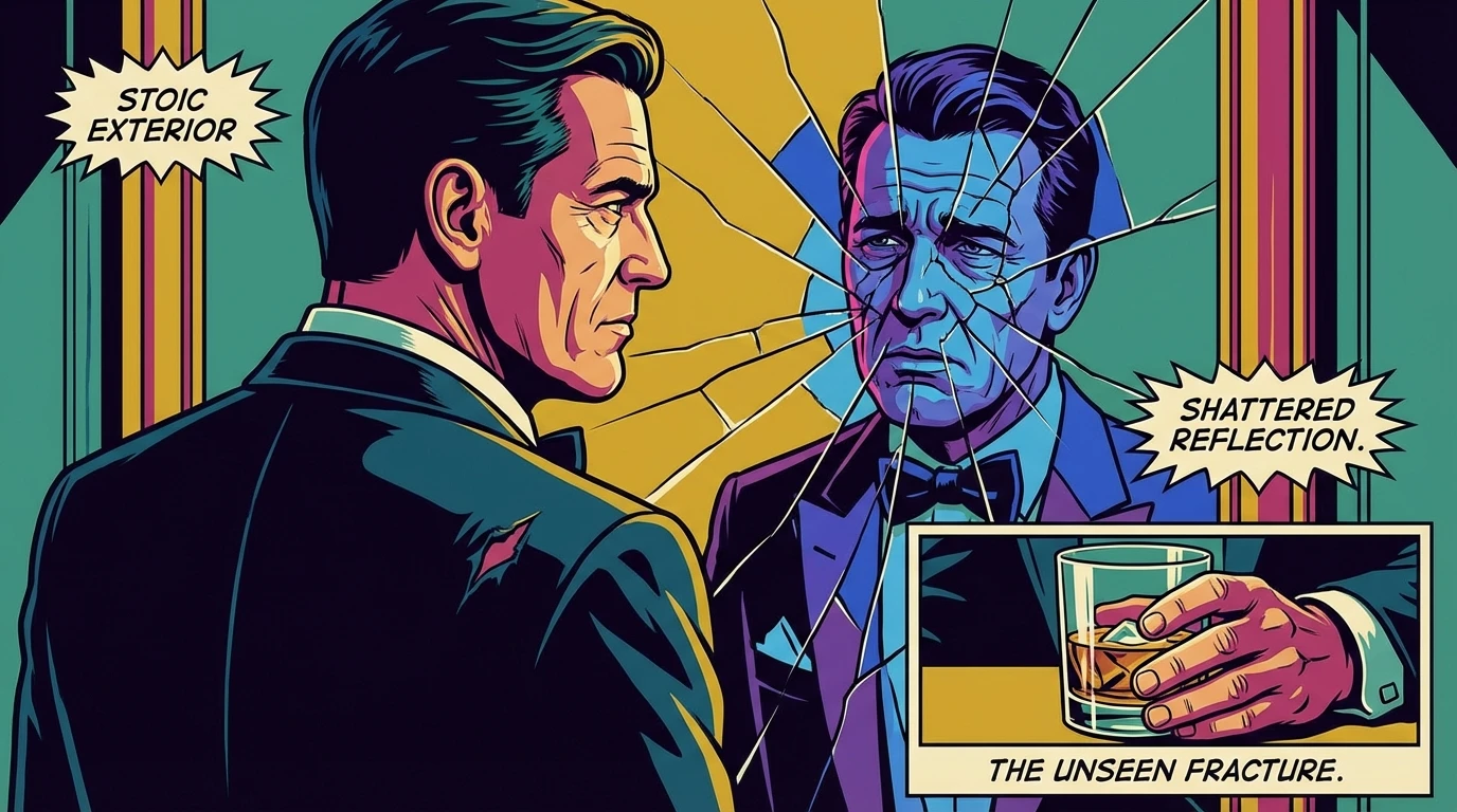 A shattered mirror reflecting a man in a tuxedo, illustrating the fractured psychology of Daniel Craig's James Bond and his internal trauma. Filename: psychology-of-daniel-craigs-james-bond-bestie-ai.webp