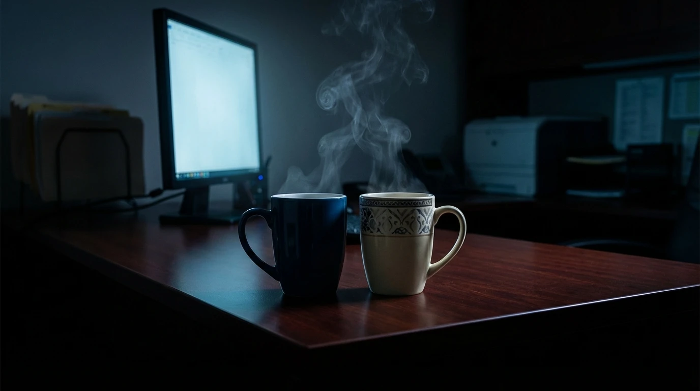 Two coffee mugs on a dark office desk, representing the complex psychology of dating a coworker and the blurring of professional and personal lives. Filename: psychology-of-dating-a-coworker-bestie-ai.webp
