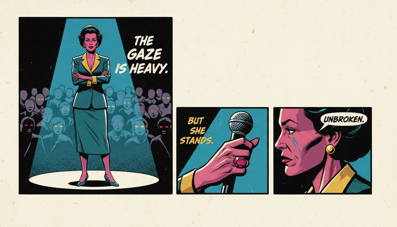 A confident woman on a stage, representing the unique psychology of dating for successful women who are often in the public eye. Filename: psychology-of-dating-for-successful-women-bestie-ai.webp