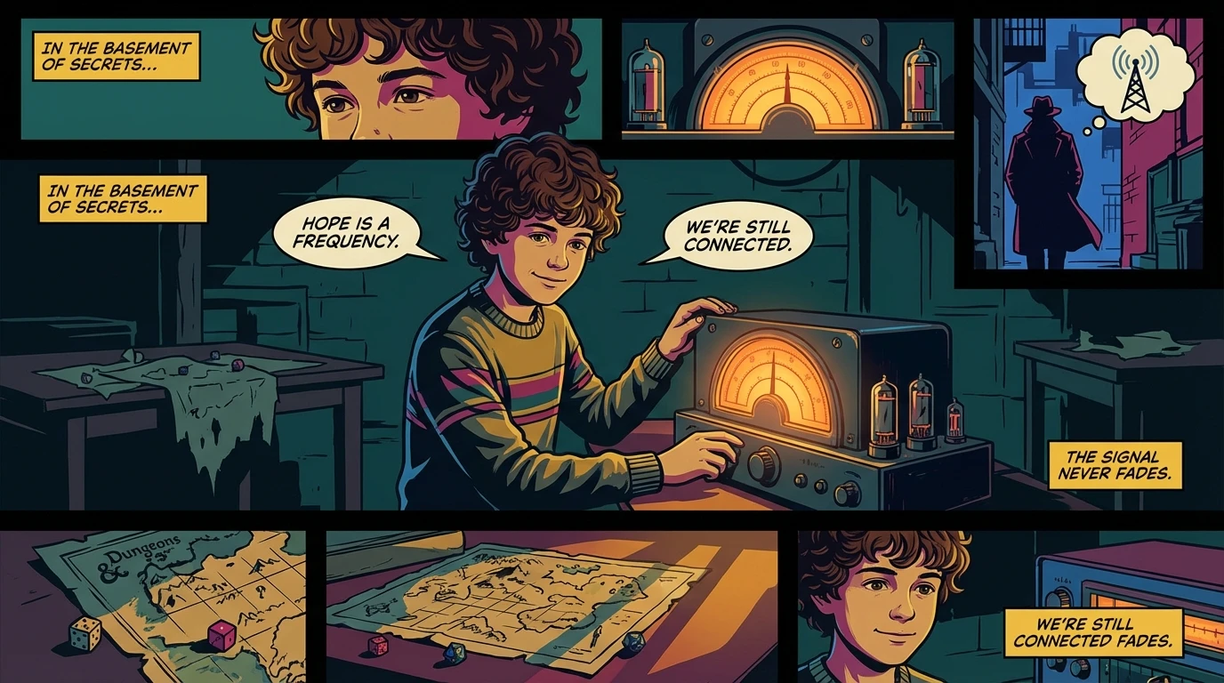 A symbolic image representing the psychology of Dustin Henderson's character, showing a loyal friend using his intelligence and a radio to bring light and connection to the darkness of Hawkins. psychology-of-dustin-henderson-character-bestie-ai.webp