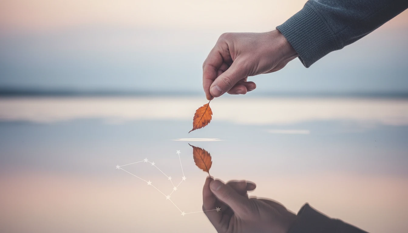 A symbolic image representing the complex emotions in the psychology of ex-wife remarrying, showing a hand releasing a leaf over water, signifying letting go and finding a new future. filename: psychology-of-ex-wife-remarrying-bestie-ai.webp