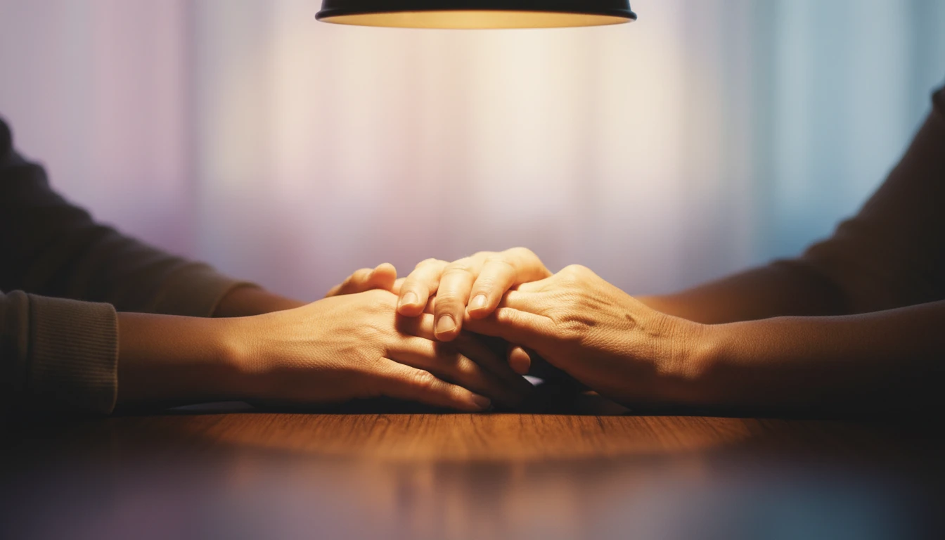 A close-up of different family members' hands clasped together, illustrating the psychology of family coping with terminal illness and the support system required. File name: psychology-of-family-coping-with-terminal-illness-bestie-ai.webp