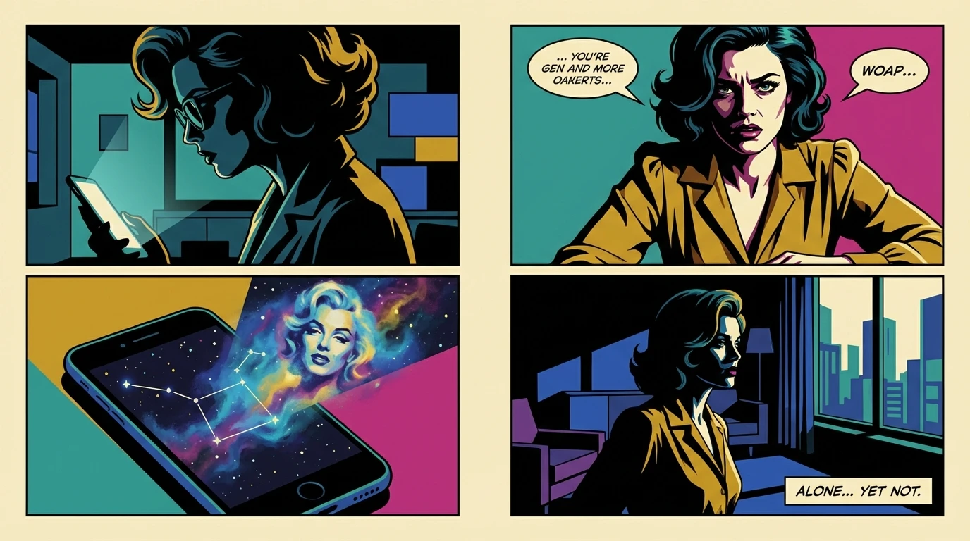 A person looking at a phone screen showing a celebrity's face among stars, illustrating the complex psychology of fan culture. filename: psychology-of-fan-culture-bestie-ai.webp