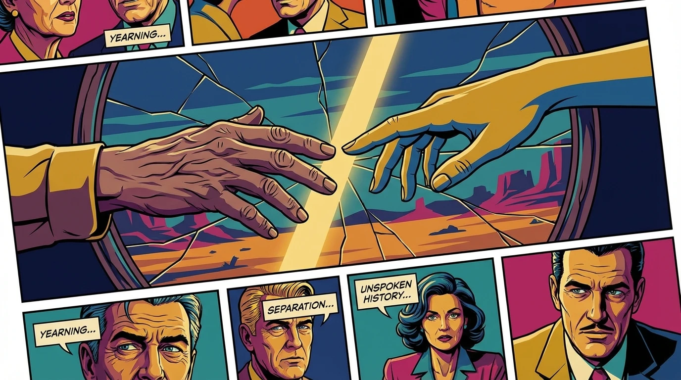 A symbolic image exploring the psychology of father-son relationships, showing two hands separated by a cracked mirror. filename: psychology-of-father-son-relationships-bestie-ai.webp