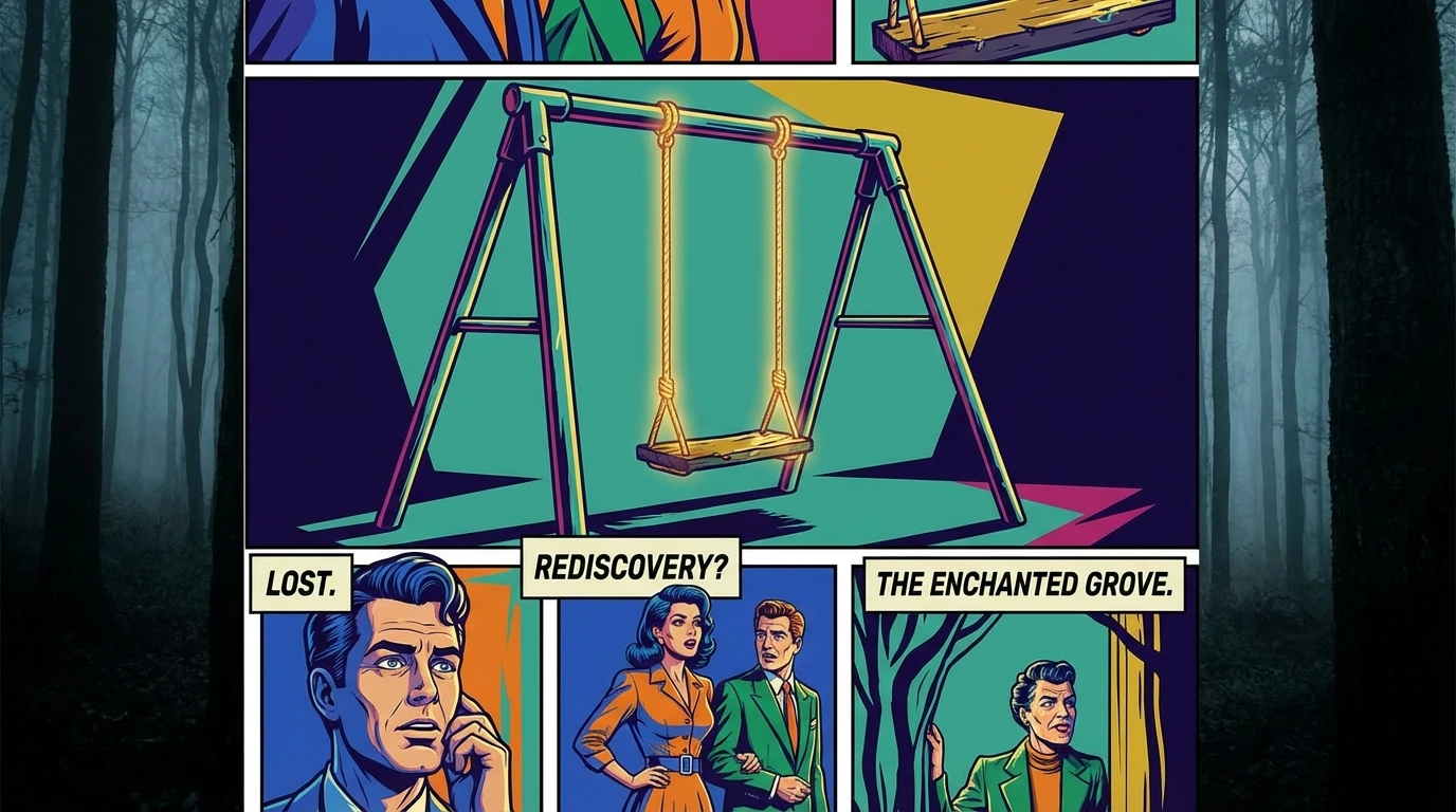 An empty swing in a forest, symbolizing the complex psychology of former child actors and the journey of healing a lost childhood. psychology-of-former-child-actors-bestie-ai.webp